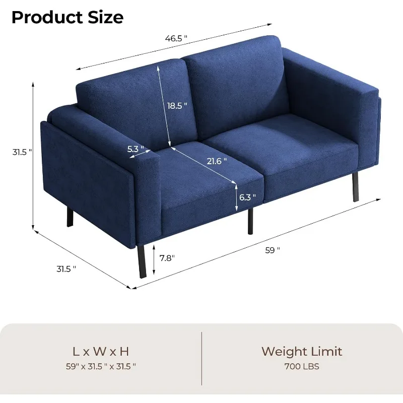 59” Small Couches for Living Room, High Resilience Loveseat Sofa, Wooden Frame 2 Seat Sofa Couch with Thickened Suppleness Armre