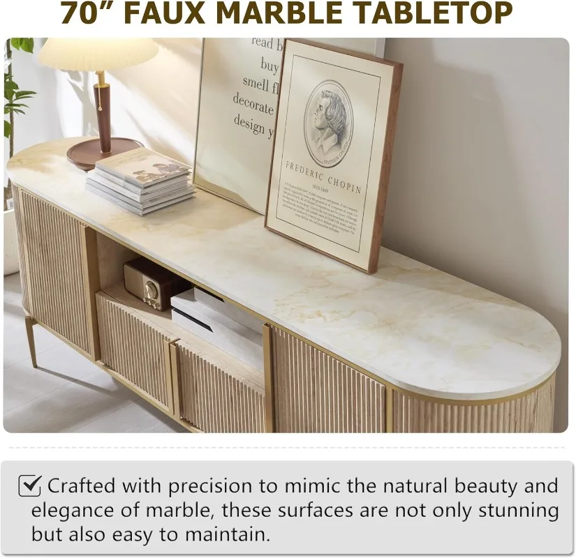 럭셔리 70인치 플루트 TV 스탠드, 최대 80인치 TV용 모던 시크 엔터테인먼트 센터, 인조 대리석 상판 TV 콘솔, 곡선형