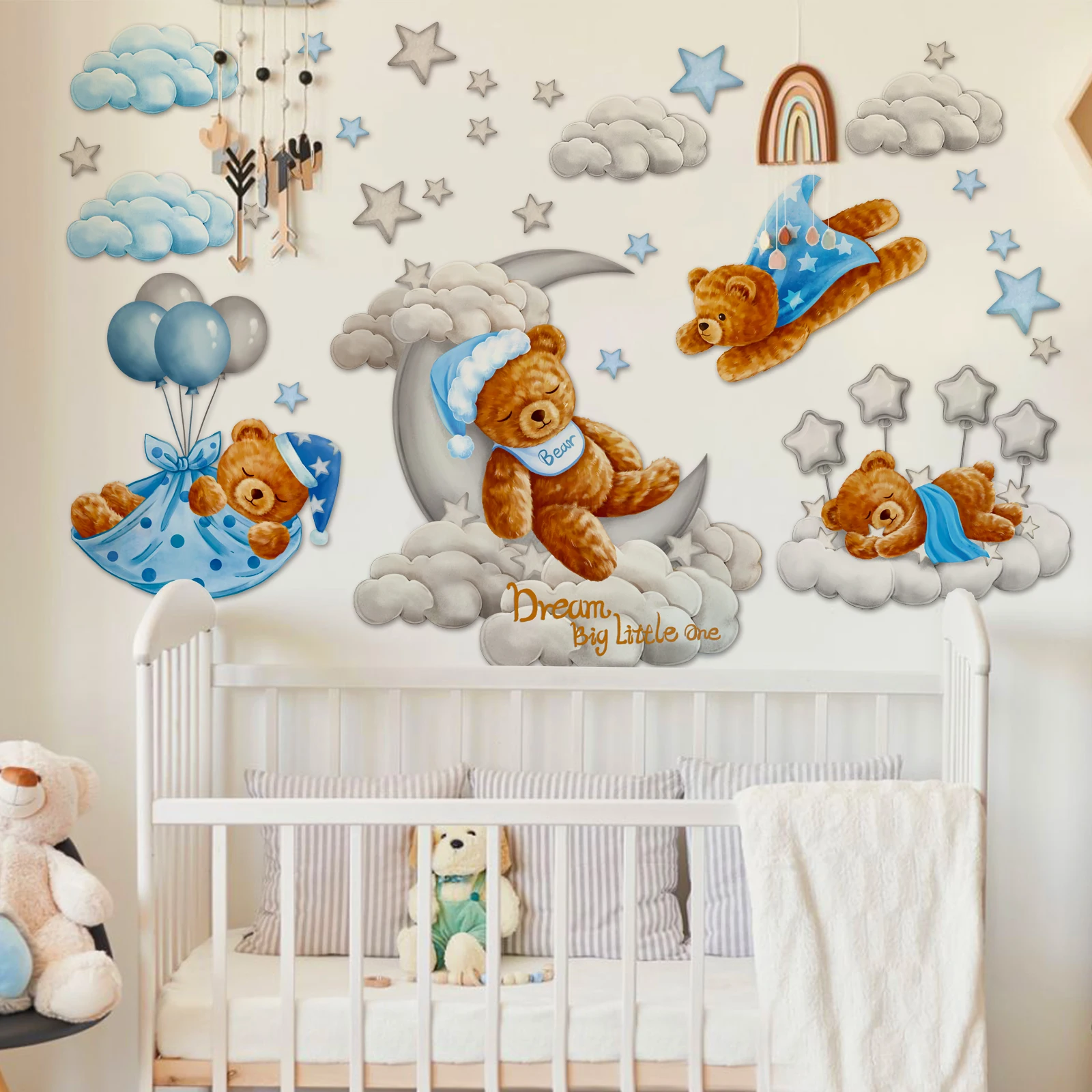 Tedy Bear Moon Stars Wall Stickers, Wall Decals, Nursery Decor for Kids Baby Boy Room Bedroom Living Room Playroom Decorations