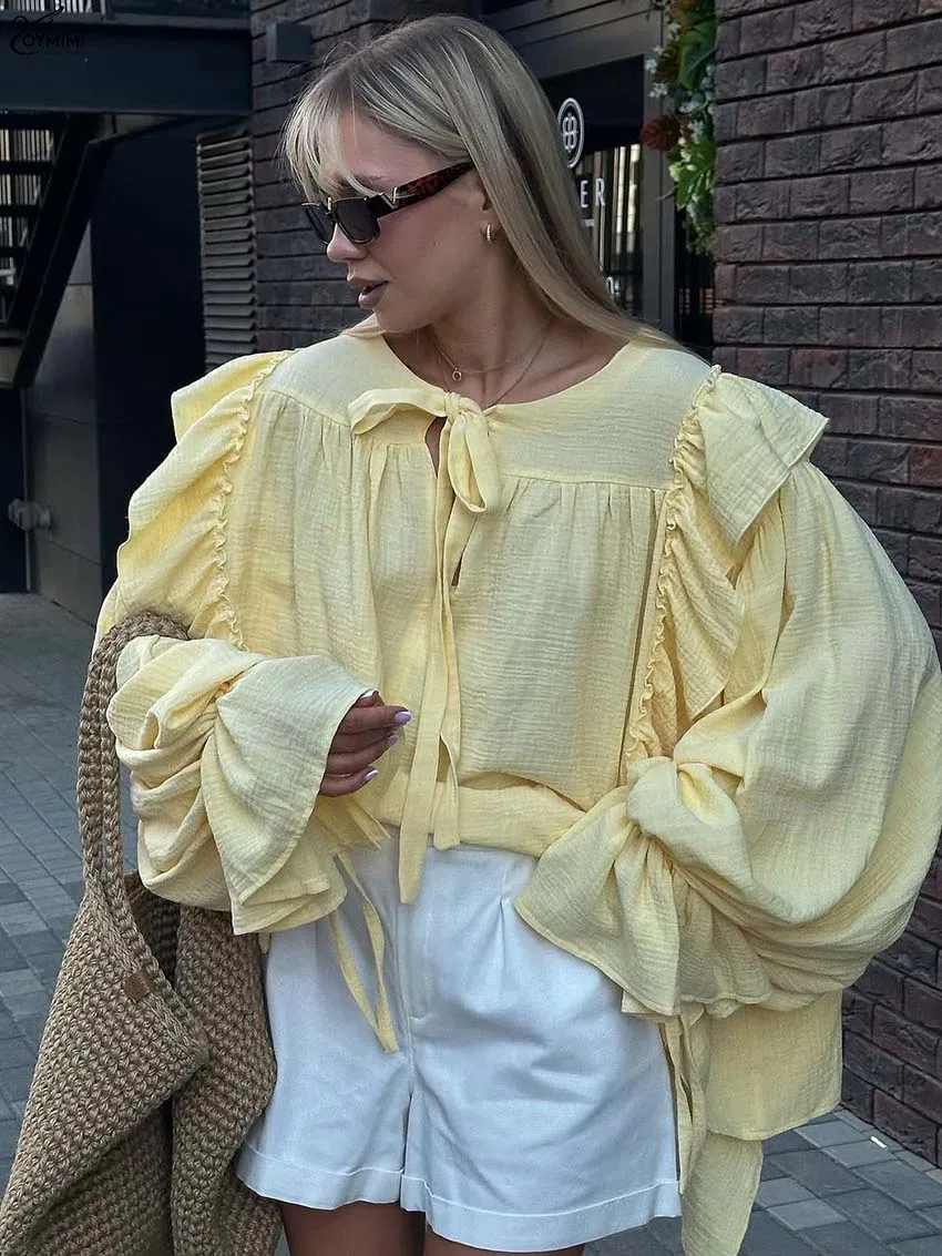 Oymimi Casualowe Żółte Koszule Damskie z Bawełny Eleganckie Bluzki z Dekoltem O-Neck, Falbankami, Długim Rękawem, Modne Bluzki Sznurowane, Luźne Bluzki Damskie
