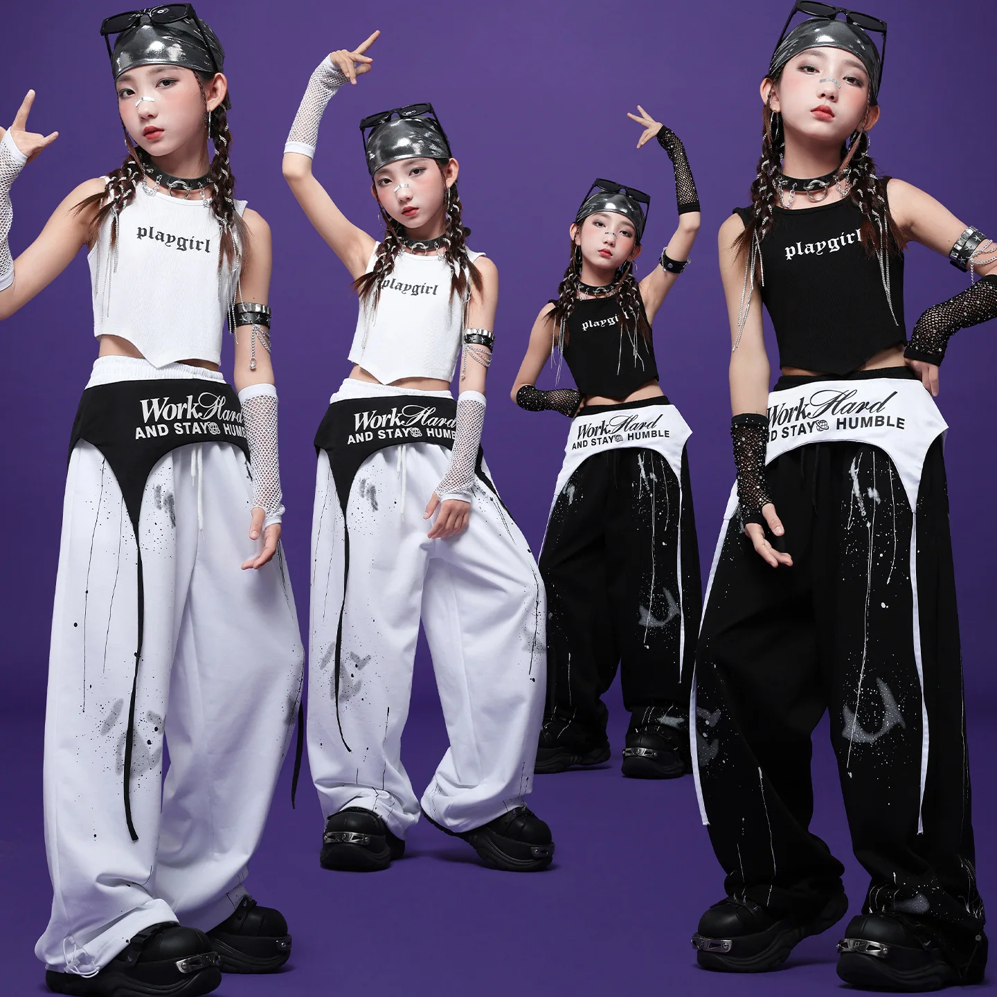Kid Kpop Hip Hop Clothing White Black Irregular Hem Crop Tank Top Casual Ink Print Sweat Pants for Girl Dance Costumes Clothes