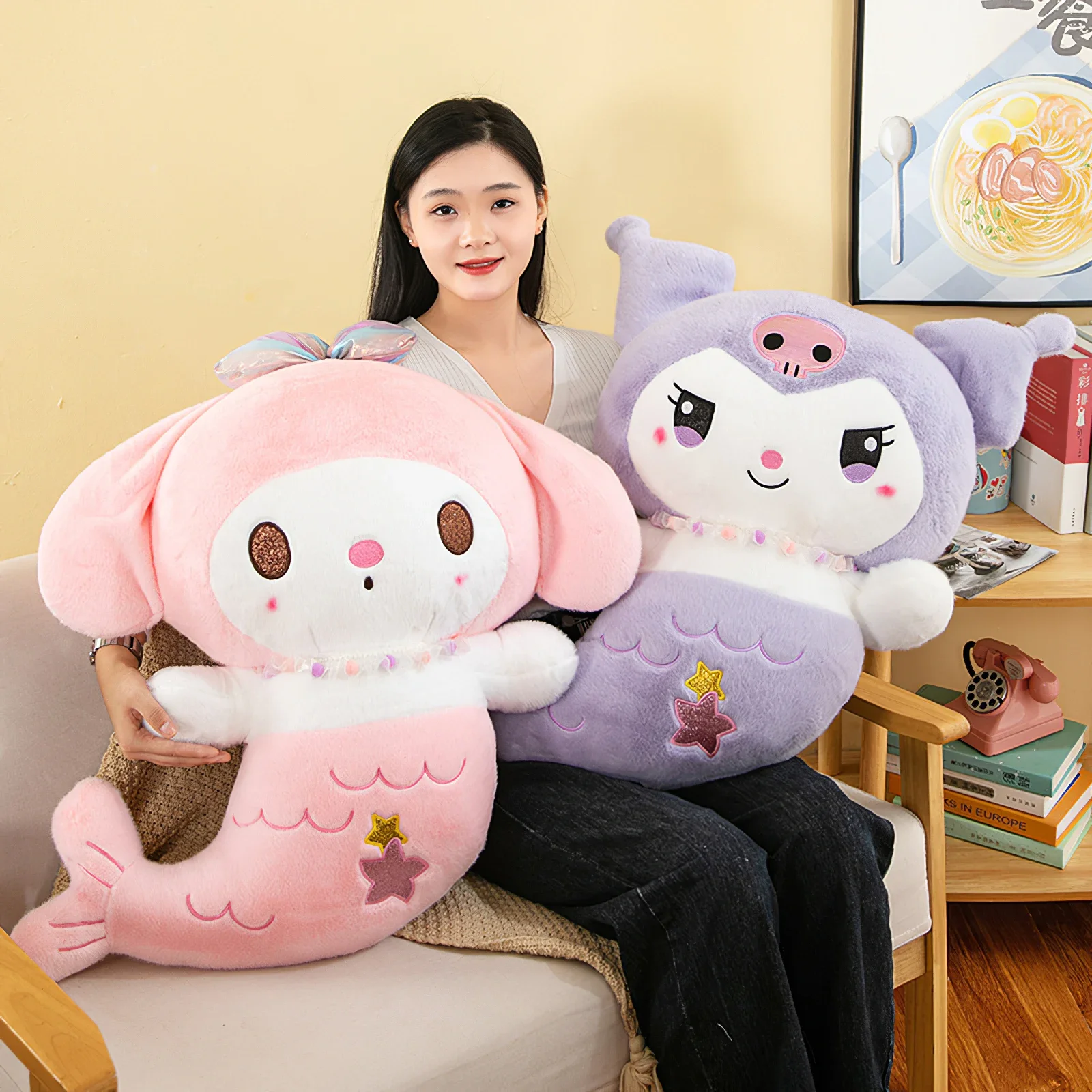 60cm Cute Sanrio Kuromi My Melody Plush Toy Kawaii Transformed Mermaid Plushies Soft Stuffed Doll Cushion Kids Bed Pillow Gift