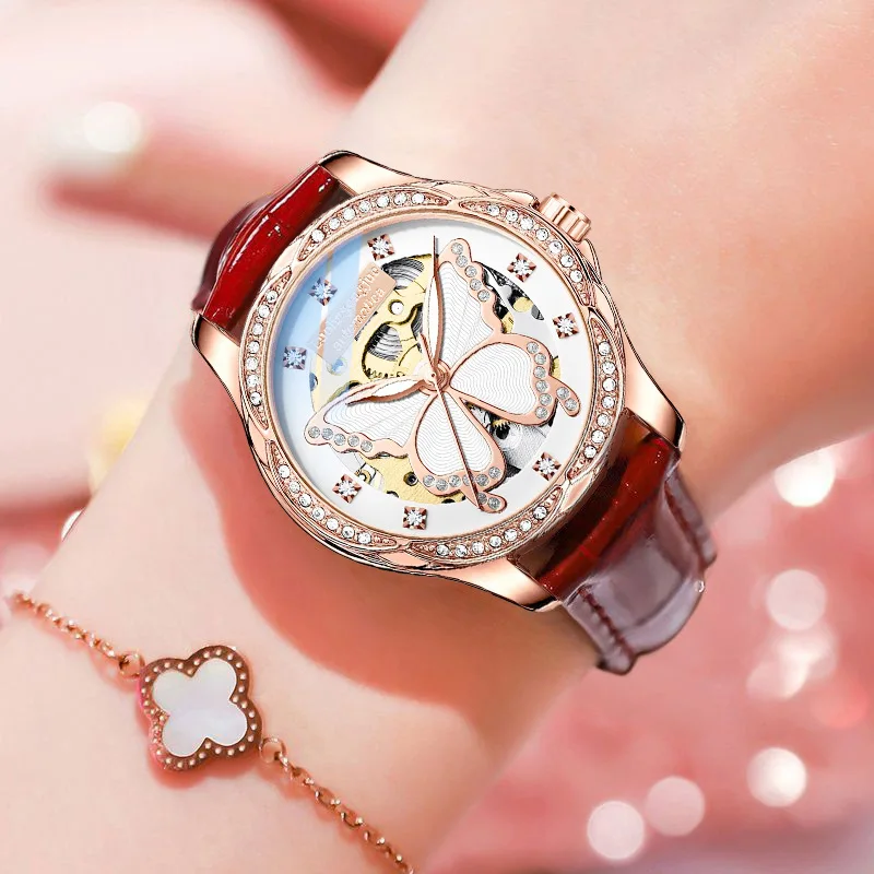 Women's Luxurious Butterfly Dial Automatic Mechanical Watch, Diamond-Encrusted