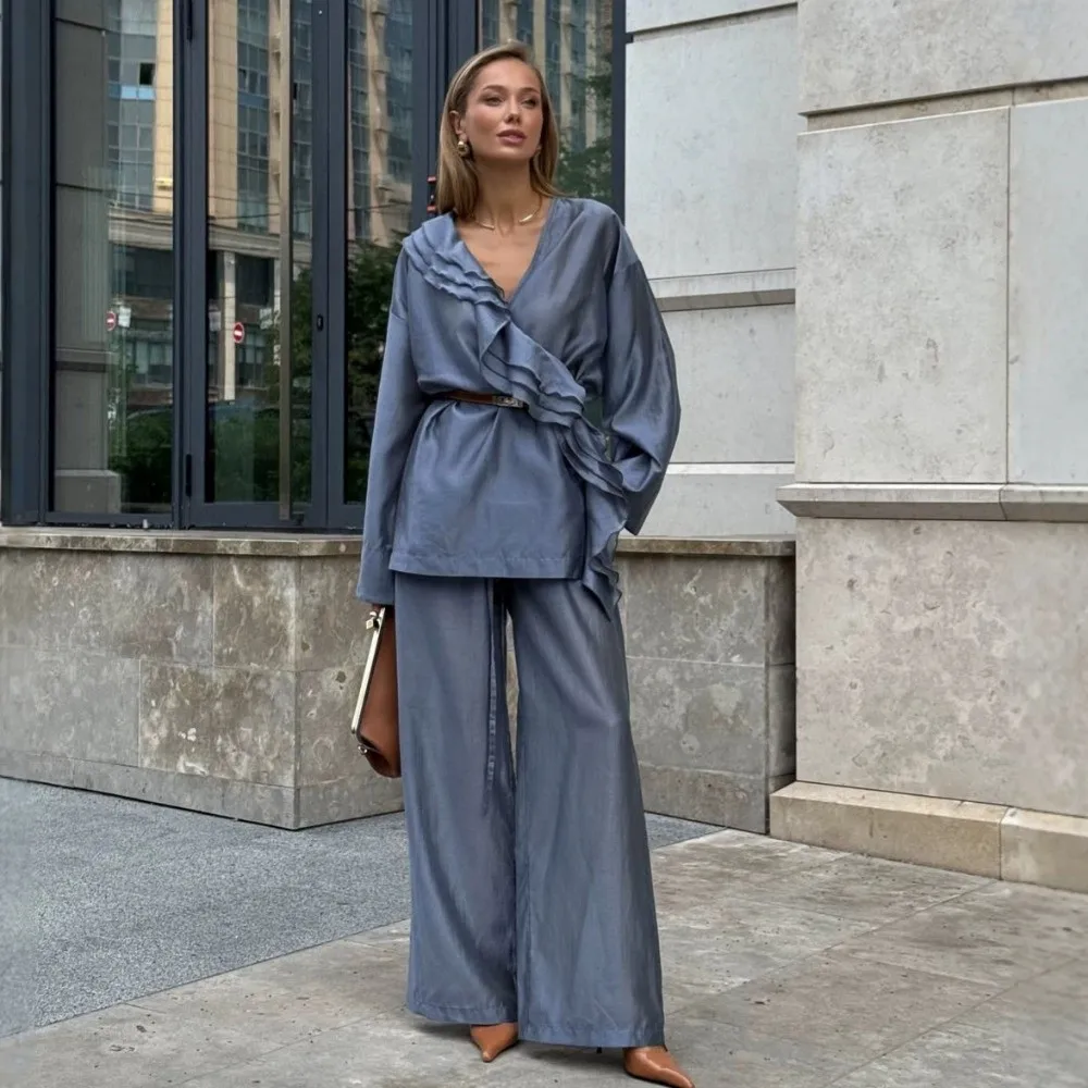 Soft Drape Tencel Women Two Piece Set Wrinkle Free Ruffle Trim Wrap Front Ruffle Top Relax Fit Lightweight Wide Leg Pant Set
