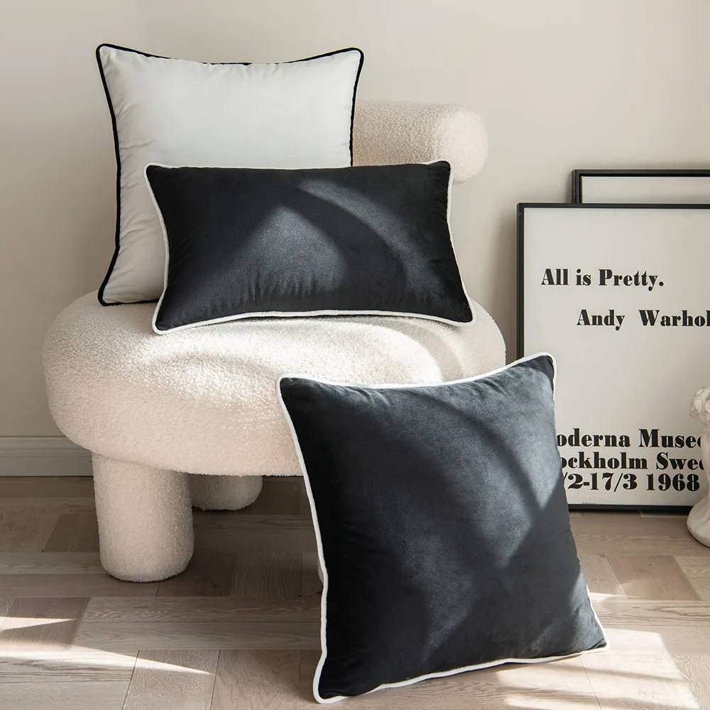 Black and White Velvet Hemming Pillowcase Simple Nordic Style Pillow Cases 60x60 Modern Light Luxury Cushions Cover