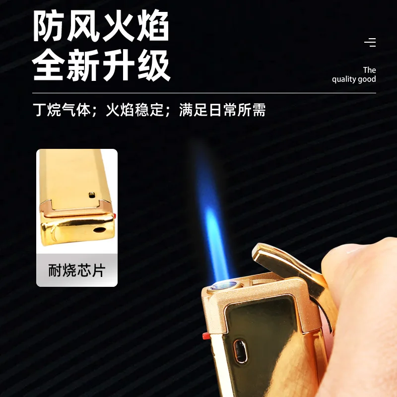 ولاعات تدخين وإكسسوارات السجائر ولاعة معدنية مباشرة لهب أزرق متين مقاوم للرياح هدايا للرجال (بدون غاز) #2