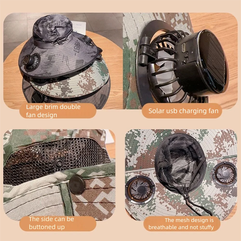 Cappello da sole leggero con protezione UV con ventola solare Cappello da sole a tesa larga mimetico regolabile Cappello da sole traspirante a 3 velocità da uomo