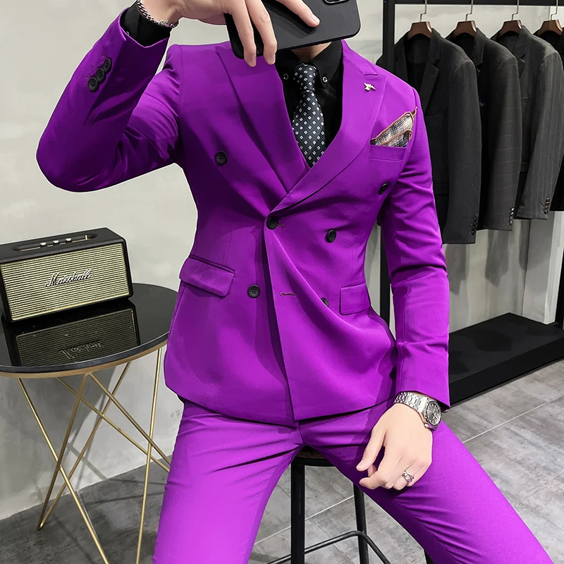 Spring Royal Blue Double Breasted Men\'s Suit 2 Pieces, Stylish Trim Men Suit Jacket and Trousers White purple black