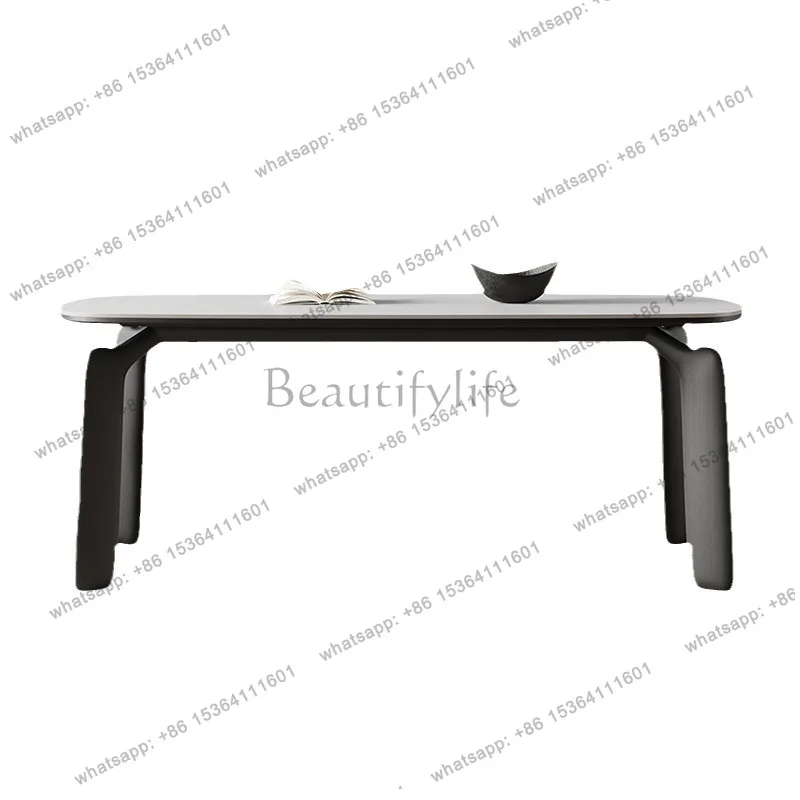 

Retro solid wood dining table rectangular modern simple home wabi sandy wind creative matte pure white slate