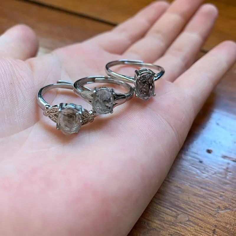 1pc Natural Stone Ring Raw Crystal Point Herkimer Diamond Quartz Beads Rings Adjustable 925 Silver Plated Copper