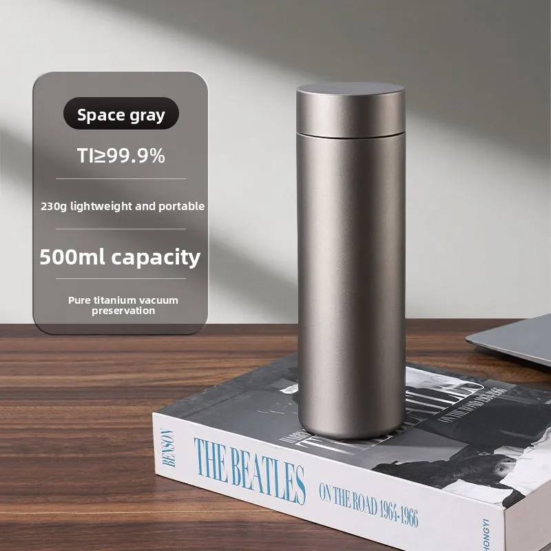 Pure Titanium Thickened Portable Vacuum Insulated Cup with Carry Strap Dual-Layer Tea and Water Grey Titanium Cup