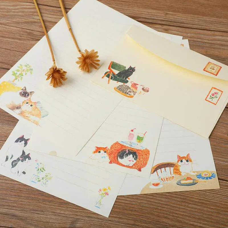 3 Envelope 6 Letter Paper Set Creative Animal Cats A5 Floral Letterhead Set Beautiful Western Style Small Envelope Stationery