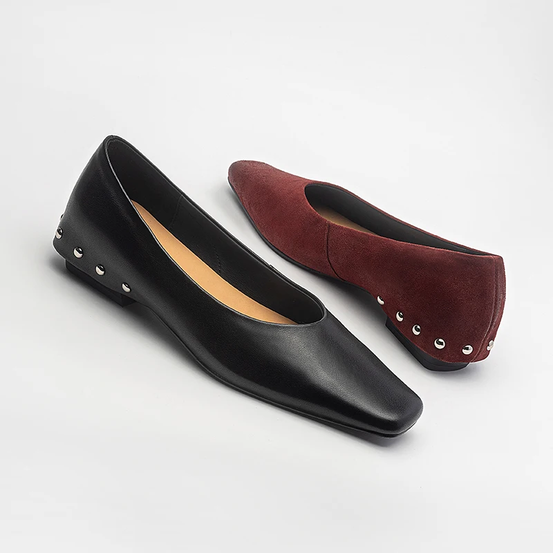 Genuine Leather Cowhide Women Shoes, 1CM Square Toe  Rivet Women Pumps, Fashion High Heels