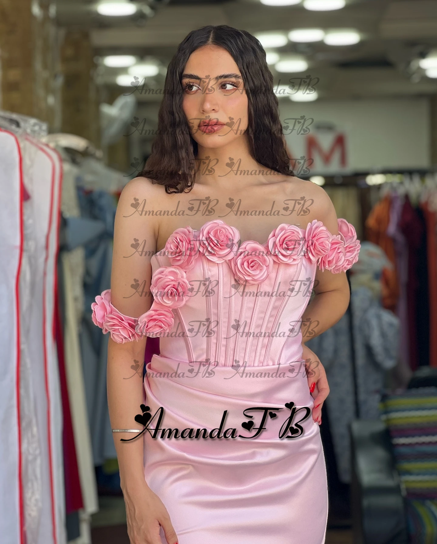 Amanda Charming HIgh Slit Prom Dress Satin Pleat Off the Shoulder 3D Flowers Formal Party Gown Robes De Soiree Customized