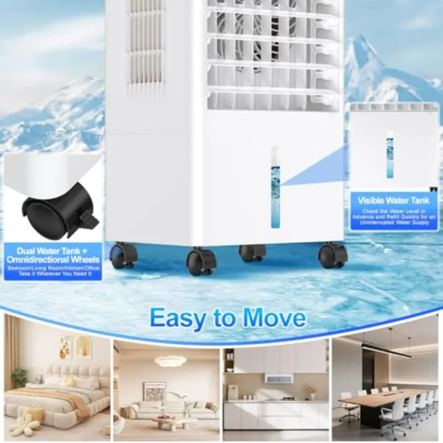 Portable air conditioner for home bedroom kitchen use, white plastic unit with 3-in-1 cooling fan, 3 modes 3-speed remote contr