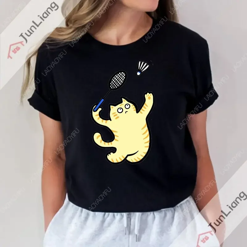 Kawaii amusant badminton chat mignon chaton joueur de badminton imprimé T-shirt Fitness neutre vêtements Camisas vêtements