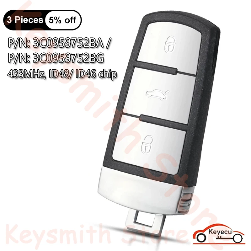 

KEYECU 3Btn 433MHz ID48 ID46 Chip for VW Volkswagen Passat B6 3C B7 Magotan CC Auto Smart Remote Key Fob 3C0959752BA 3C0959752BG