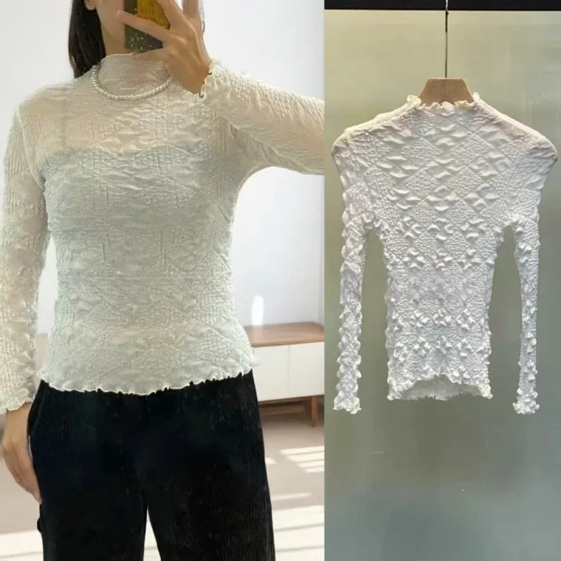 

Плиссированная футболка Miyake Plisse, 2022, нижняя рубашка, осень-зима, новый плиссированный топ, модный воротник, кружевная складная маленькая рубашка с длинными рукавами