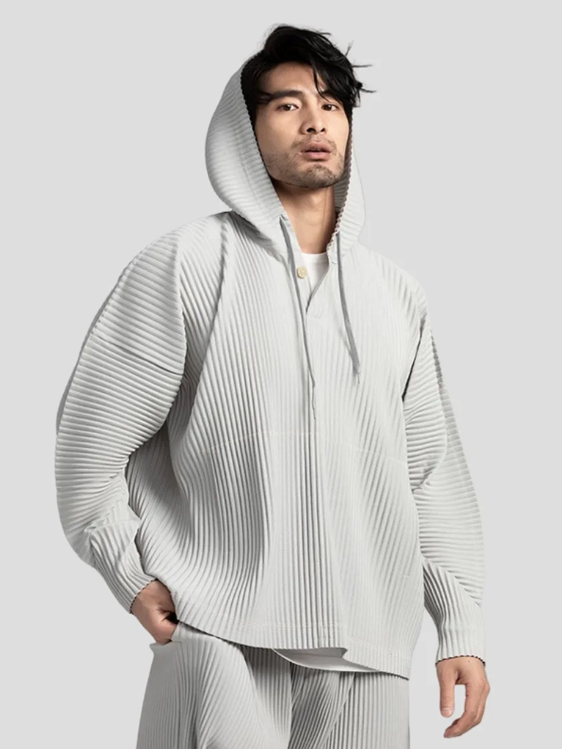 Miyake Pleated Hoodies For Men Black Hoodie Solid Color Coat Breathable Loose Drawstring Casual Top