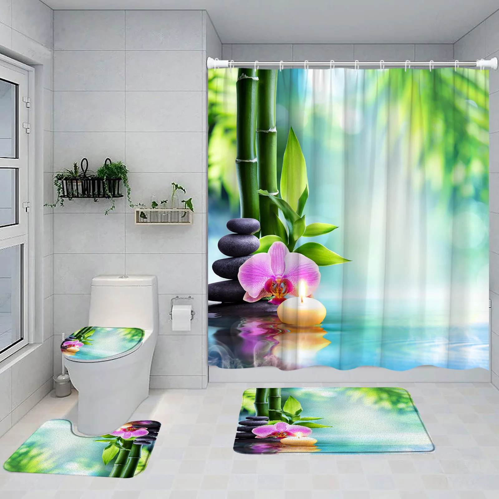 Green Bamboo Zen Shower Curtain Set Purple Orchid Butterfly Grey Stone Spa Nature Landscape Bathroom Decor Bath Mat Toilet Cover