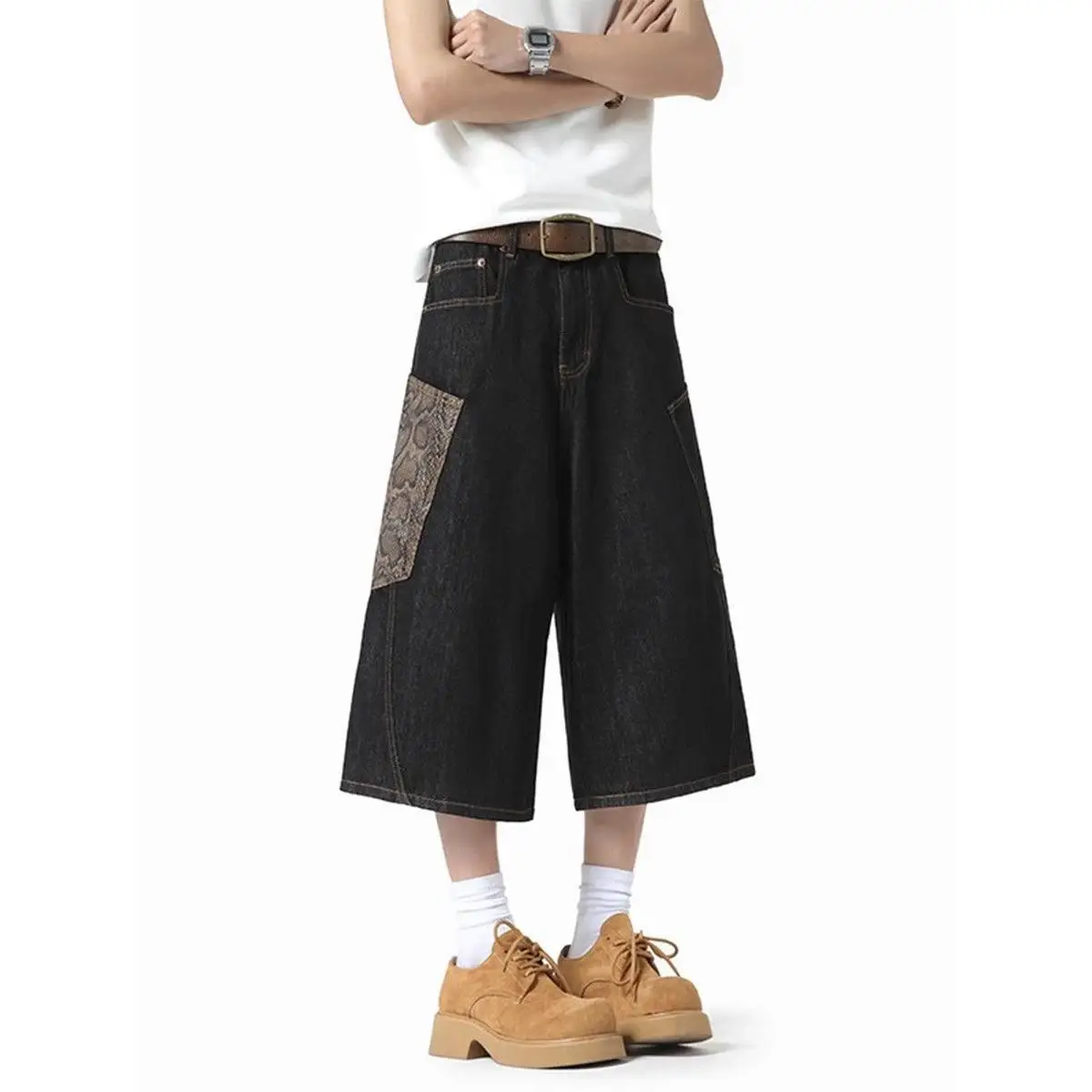 

Американские джинсы High Street со змеиной кожей, мужские летние свободные повседневные широкие брюки с ножом, средняя талия, полиэстер F...