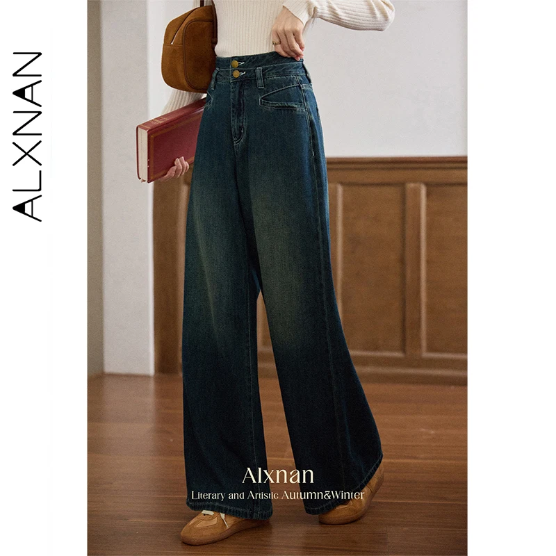 

ALXNAN Blue Jeans Straight Casual Vintage High-waist Wide-leg Women's Denim Pants 2025 Autumn Cotton Baggy Jeans Female L569133