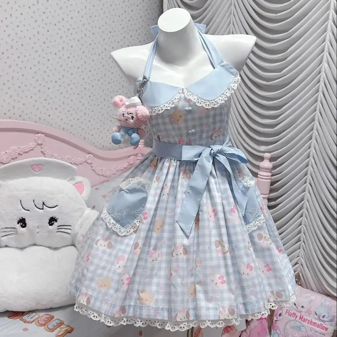 

Japan Sweet Bow Printed Strappy Halterneck Girly And Cute New Summer Style Waist Slimming Puffy Dress For Women