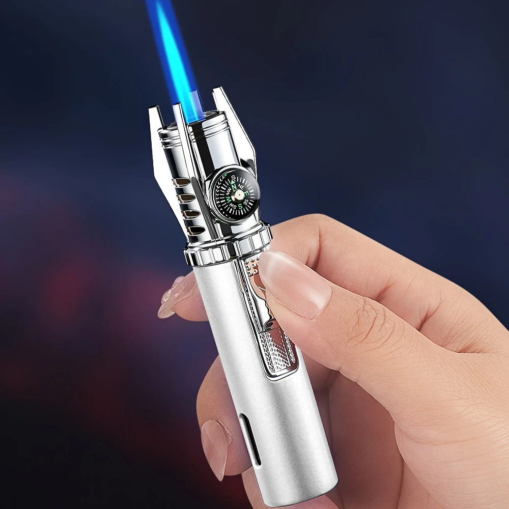 Mini Spray Gun Windproof Jet Blue Flame Butane Gas Torch Lighter Outdoor Compass Visible Gas Window Cigar Lighters Smoking Gifts