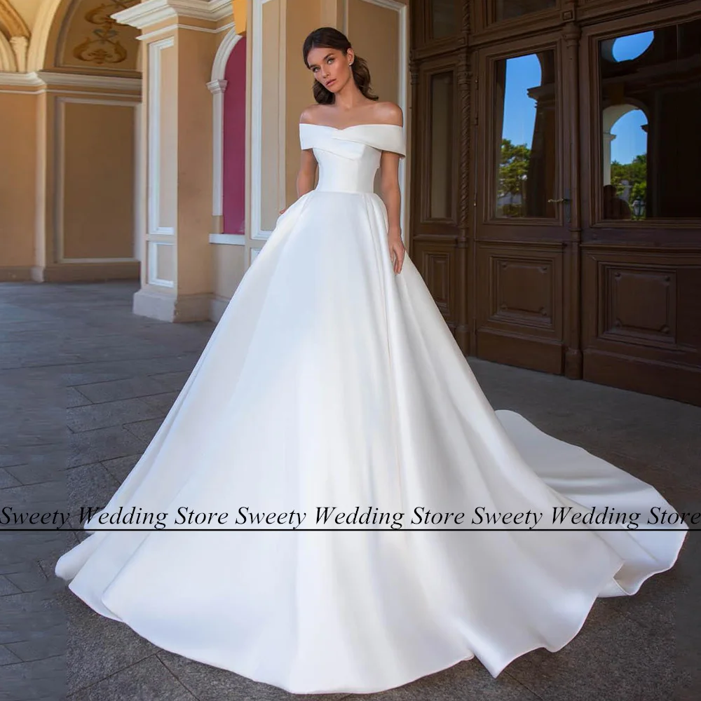 Simple Wedding Dress Jiayigong Custom Off The Shoulder Boat Neck Court Train Satin Bride Dresses Robe De Mariee with Pockets