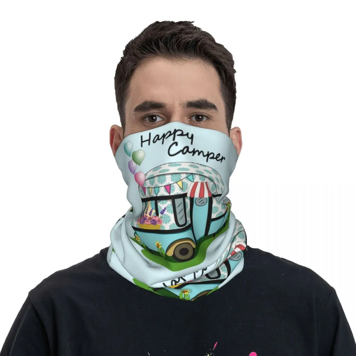 Happy Camper Mask Scarf Accessories Neck Gaiter Funny Camping Bandana Scarf Warm Fishing Hair Band Wrist Wraps for Men Women