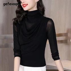 Women Sexy See Through Mesh High Collar Elegant Basic Tops Spring Autumn Korean Fashion Solid Long Sleeve Slim Pullover T-shirt