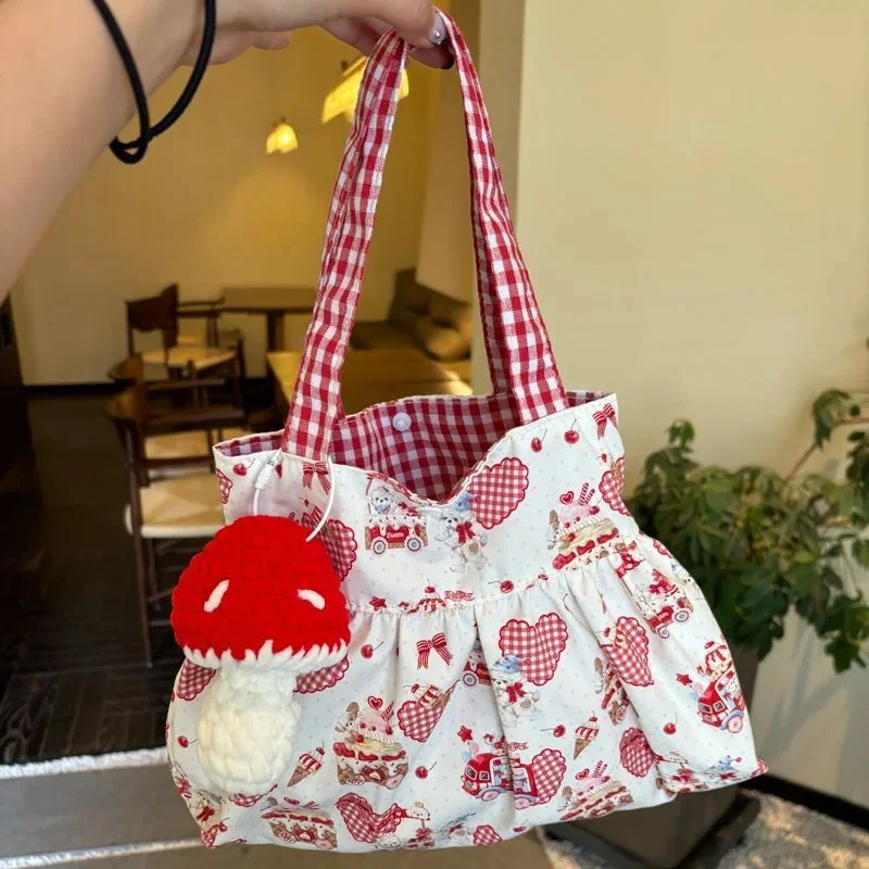 

Dog Cake Tote Bag Y2K Heart Print Girl Gingham Lined Shoulder Handbag Original High Capacity Daily Commute Purse Women's Handbag