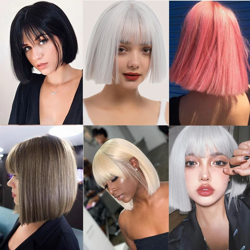 TALANG Synthetic Short Bob Straight Wigs With Bangs for Women Black Pink Wig for Party Daily Use Shoulder Length Cosplay Lolita