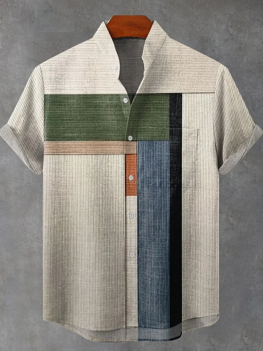 2025 men's new casual art geometric shape retro art linen short sleeved stand up collar shirt comfortable button up top