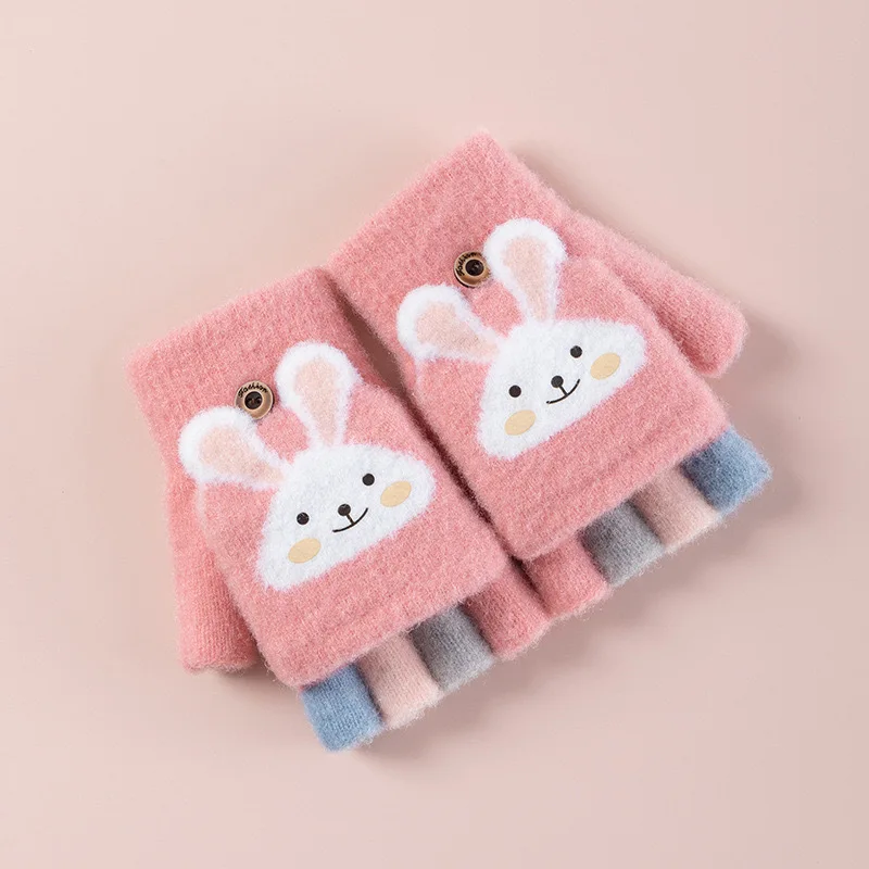 4-11 year old cartoon bunny five finger children\'s gloves winter thick half finger flip knitted gloves winter new warm gloves