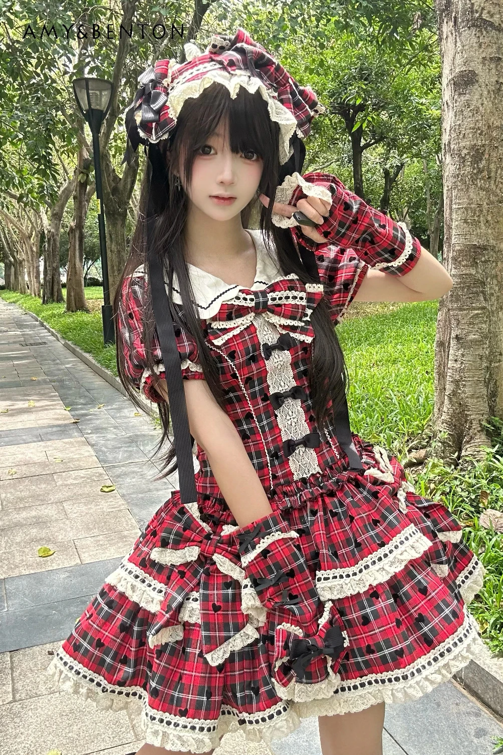 Robe bouffante à carreaux pour filles, manches bouffantes, coupe cintrée, col de poupée mignon, nœud, robe Lolita pour femmes, robes de soirée de princesse élégantes