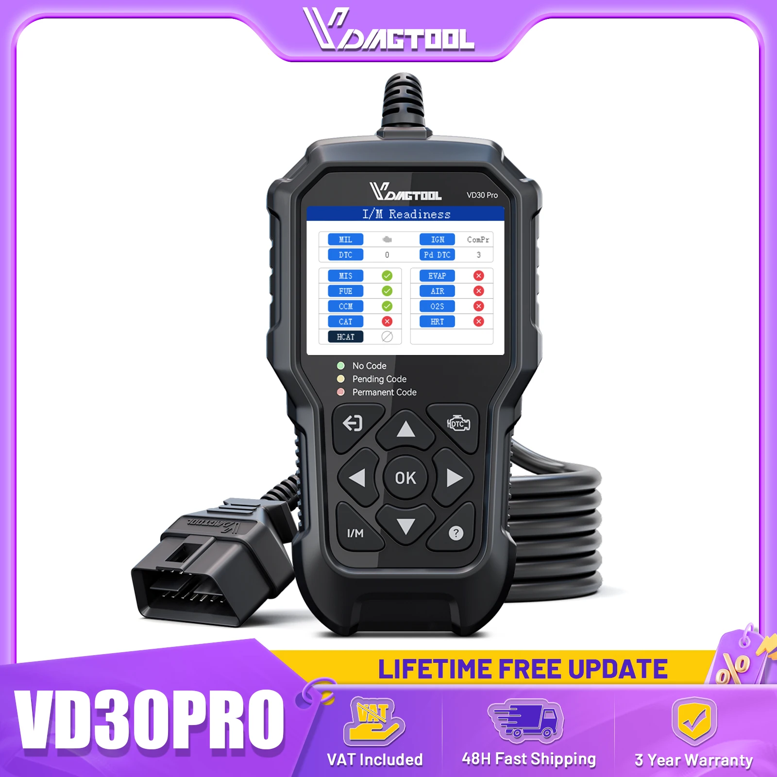 VDIAGTOOL VD30 Pro Scanner OBD2 automobile, lecteur de codes de voiture, vérification du moteur I/M, recherche des codes DTC, outil de diagnostic OBD2 pour voitures et camions, testeur de tension, mises à jour gratuites à vie
