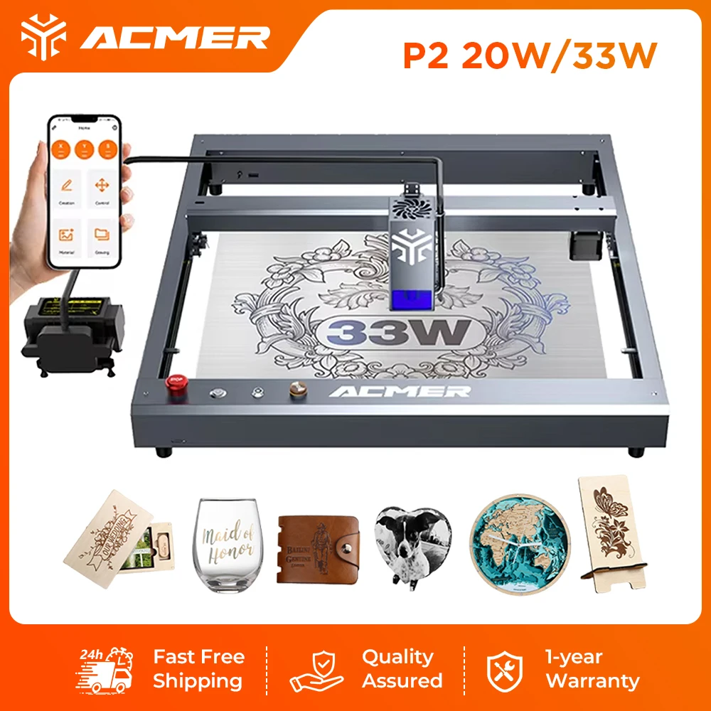 ACMER P2 33W Laser Engraver and Cutting Machine High Power CNC WiFi Module Offline Control Industrial Guide Rails Woodworking To