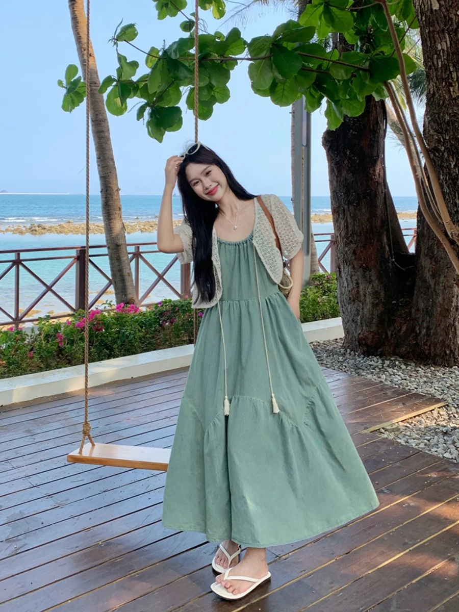 

Summer Loose Women's Denim Dress High Waist A-Line Skirt Sleeveless Long Gown plus Size Fashionable Casual Korean Style