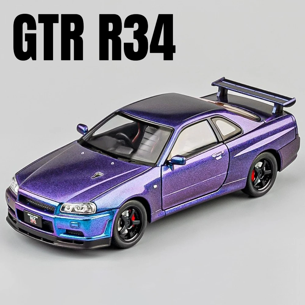 1:24 GTR-R34 스포츠카 모델 장난감 음악 조명 풀백 다이캐스트 메탈 충격 흡수 슈퍼카 모델 홈 데코 장식
