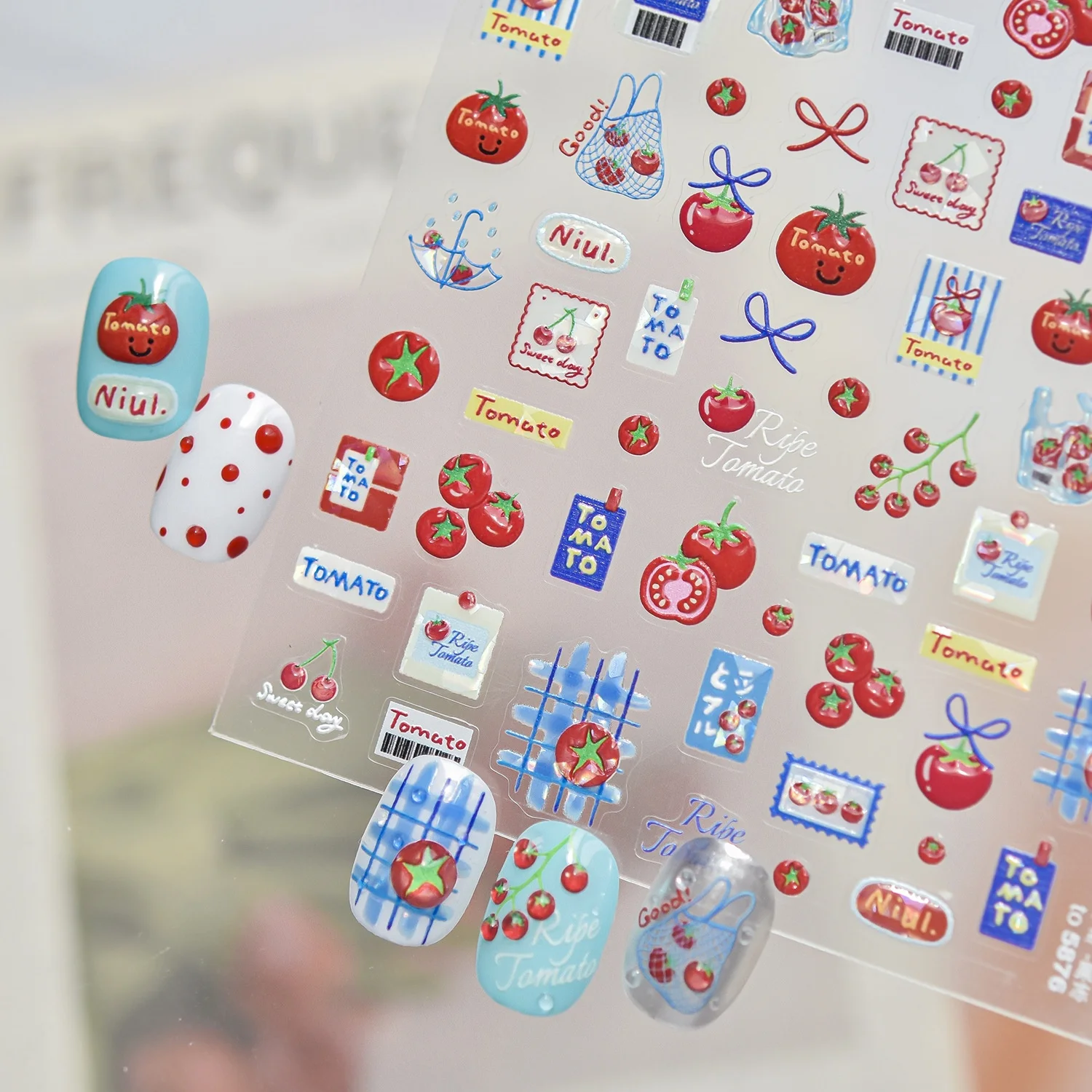 Funny Tomato Cartoon Face 5D Nail Stickers Plaid Label Frame Mesh Shopping Bag Bow Decals Cute Grocery Theme Self Adhesive DIY