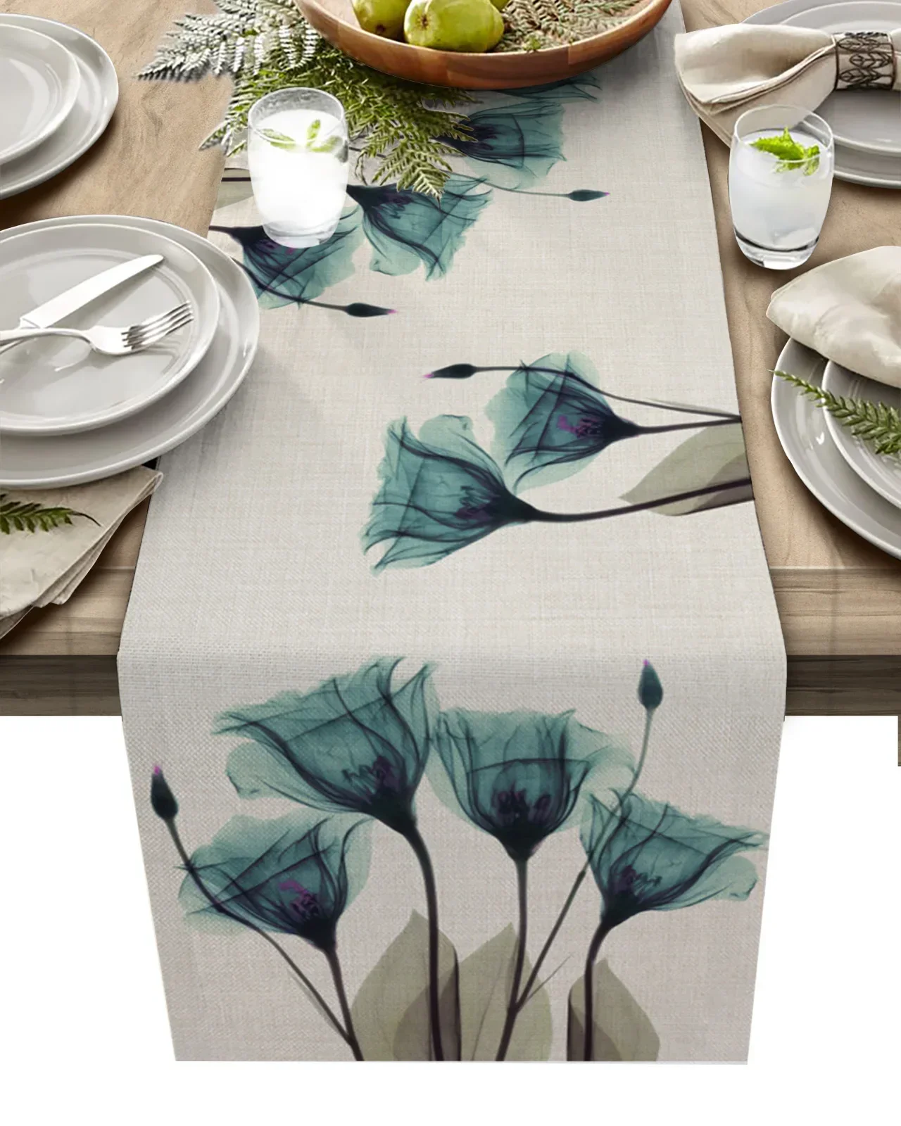 Spring Blue Tulip Flower Linen Table Runner Wedding Decoration Anti-stain   Dining  Holiday Party  Decor