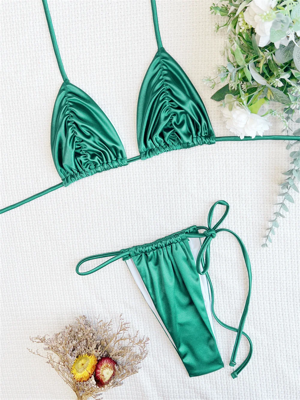Satin Green Bikini Stacked Pleat String Extreme Swimsuit Backless Bandage Swimwear Thong Elegant Women Beach Outfit Bathing Suit
