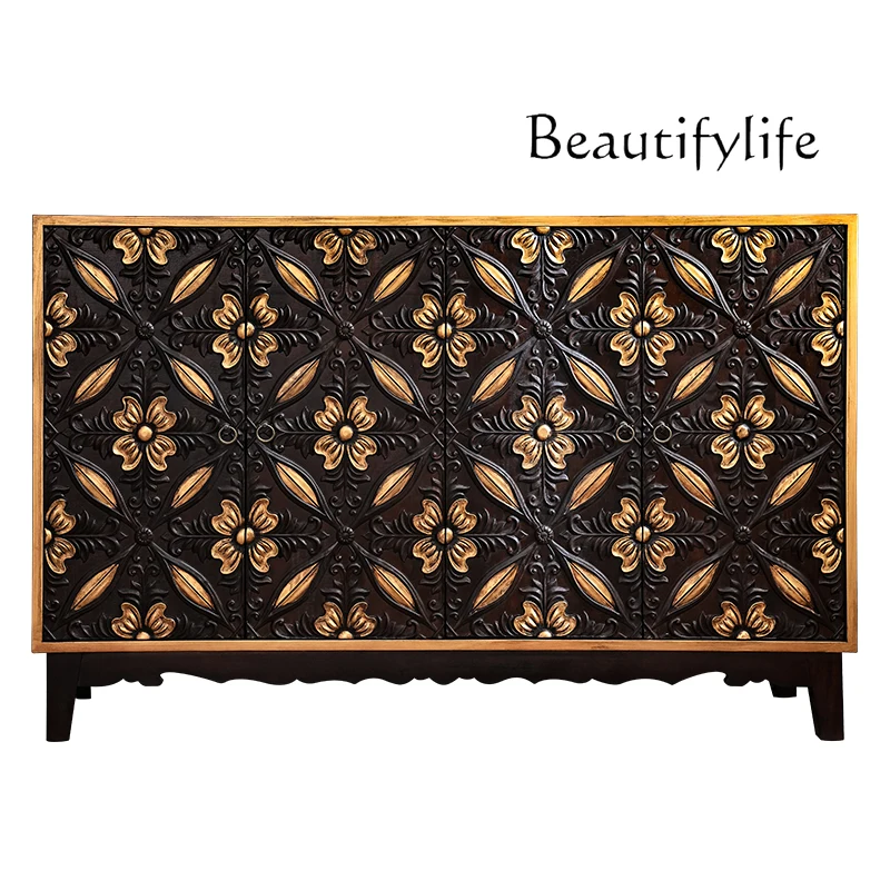 

New Chinese elm porch cabinet Thai partition shoe cabinet South East Asia style solid wood carving flower cabinet