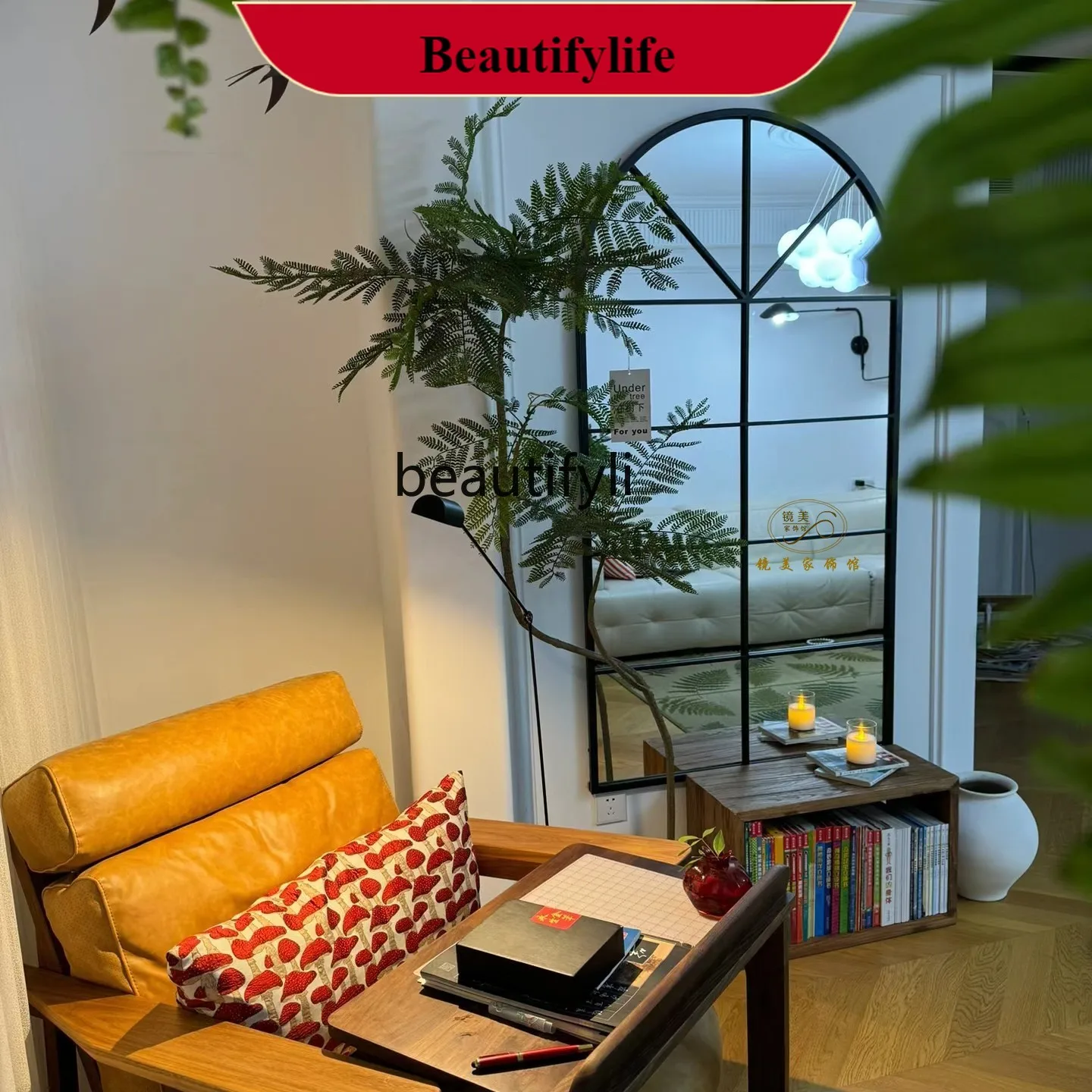 

F66 French retro fake window wall-mounted decorative mirror American iron arch dressing mirror light luxury full-body mirror