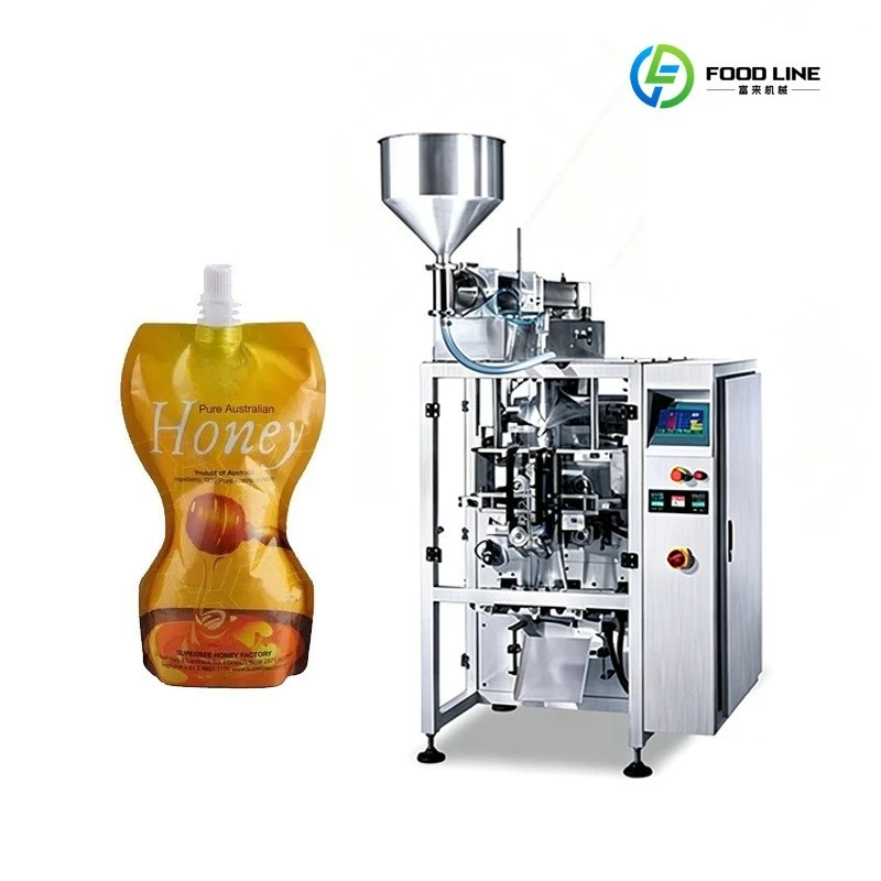 Vertical Form Fill Seal Honey Packing Machine Equipped With Piston Filler for Viscous Liquid Spout Stand up Pouch Packaging