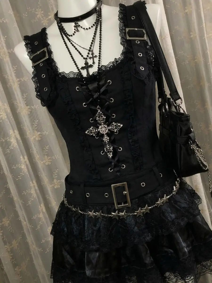 Vestidos Góticos Punk Lolita Y2k Años 90, Vestido Japonés Harajuku para Mujer, Encaje, Sexy, Sin Mangas, Estilo E-Girl, Vintage, Streetwear, Minifalda
