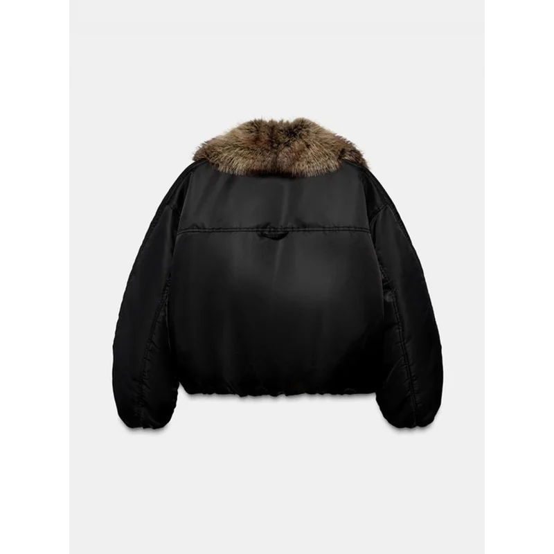 QICHE Women 2026 Autumn Winter European Vintage Thick Big Furry Collar Short Padded Coat Outerwear