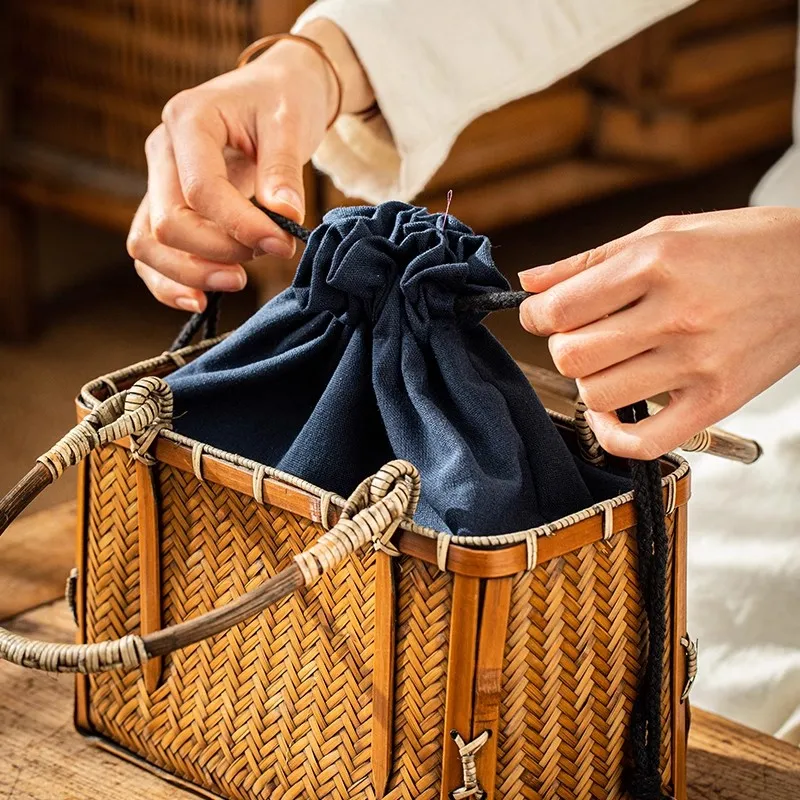 Handmade Bamboo Weaving Bag Chinese Vintage Zen Tea Dress Match Rattan Basket Tea Art Tools Storage Pouch Ladies Handbag Purse