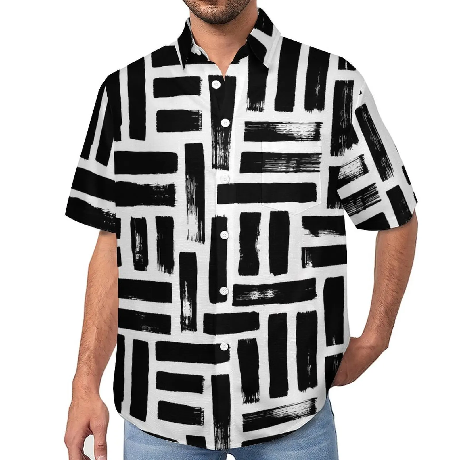 

Vintage Striped Beach Shirt Geometric Print Hawaiian Casual Shirts Mens Streetwear Blouses Short-Sleeve Pattern Tops Big Size
